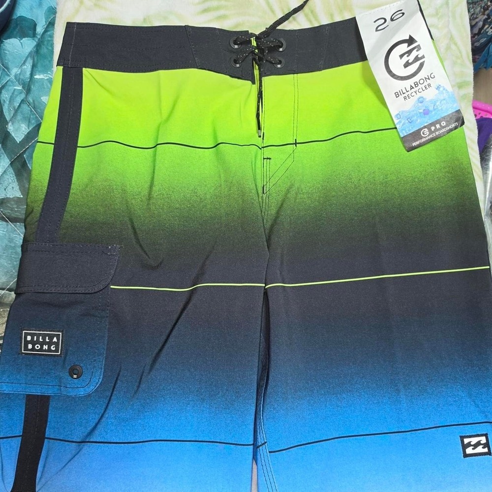 Billabong 73 Pro Board Shorts Mens 26 Green Blue Gradient Striped Swim Trunks